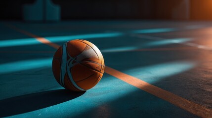 Basketball resting on the court during sunset with dramatic shadows and warm lighting