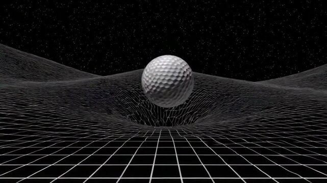 3D rendering of golf ball in abstract grid landscape and dark space  