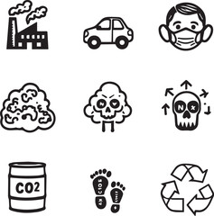 Environmental Impact Icons Featuring Pollution Sources, CO₂ Footprints, Masks, and Recycling Symbols