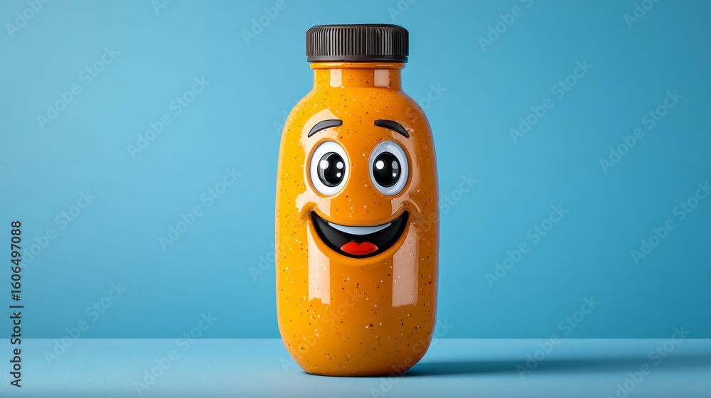 Poster smiling orange bottle of mustard. the bottle is smiling and has a happy expression. the mustard insi