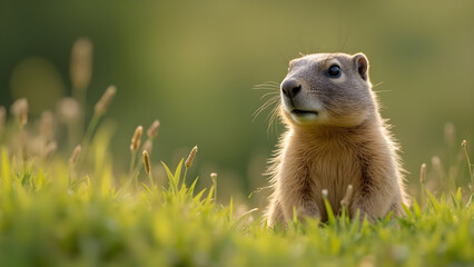Fototapeta premium Marmot peeking over grass hill. Ultra realistic wildlife photography. Curious marmots in nature. Scenic mountain wildlife shots.
