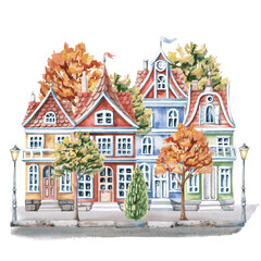 City street with colorful houses and autumn trees. Isolated watercolor illustration of buildings for design of printed products of architectural bureaus, guidebooks, postcards, children's products.