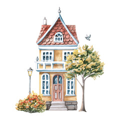 Urban yellow two-story house with autumn trees. Isolated watercolor illustration of buildings for the design of printed products of architectural bureaus, guidebooks, postcards, children's products.