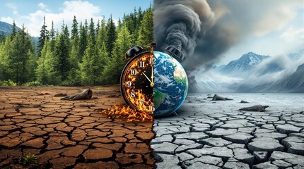 Climate Change Concept with Earth Clock – Global Warming and Environmental Crisis Illustration