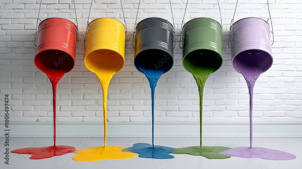 Aufkleber series of paint buckets are hanging from a wall, each with a different color of paint. the paint is 