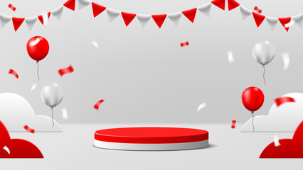 red and white podium display with balloons, confetti and triangular shaped cloth decoration