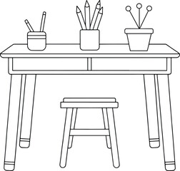 Minimalist desk with stool pencils and plant illustration for creative projects and home office designs