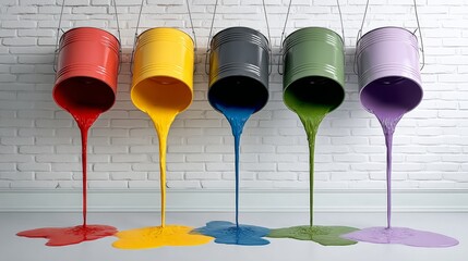 Series of paint buckets are hanging from a wall, each with a different color of paint. The paint is dripping down from the buckets, creating a colorful and artistic scene