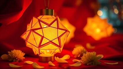 Golden star lanterns glowing against red silk, with scattered chrysanthemum petals for a festive touch.