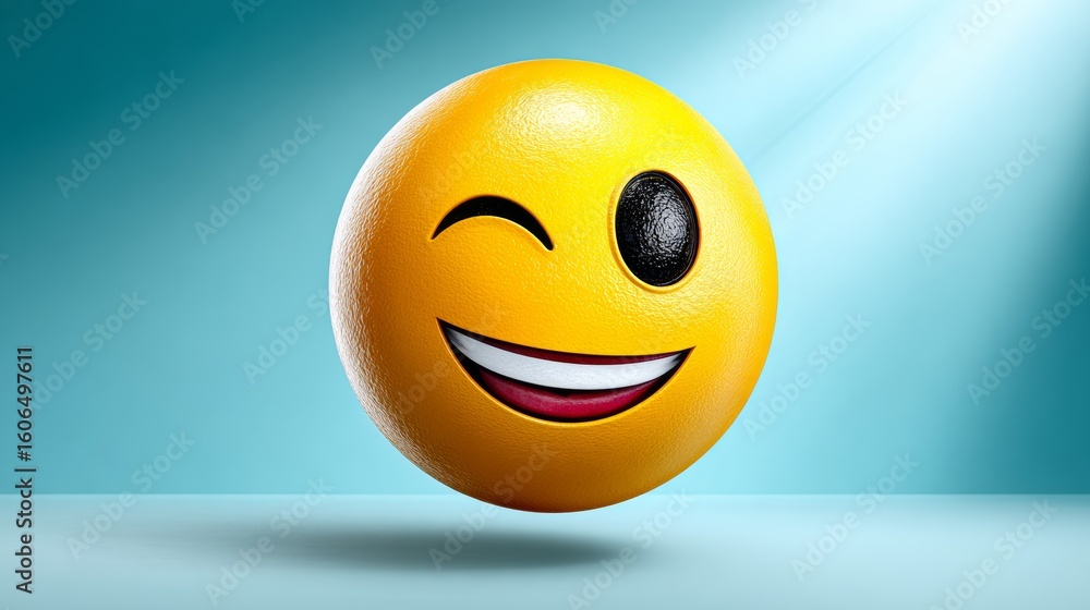 Poster smiling emoji with a wink on its face. the emoji is yellow and he is floating in the air
