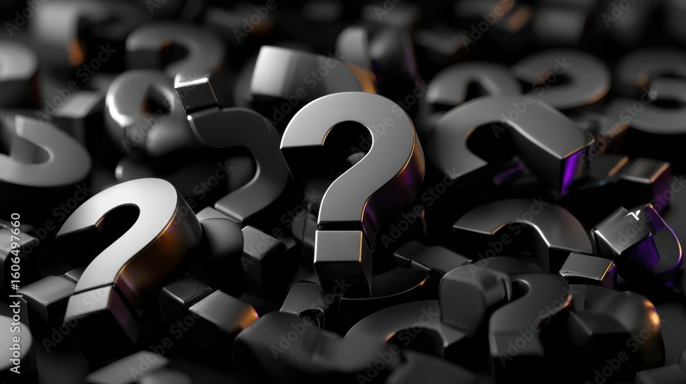Poster blurry black question marks scattered on a surface creating a sense of mystery and curiosity