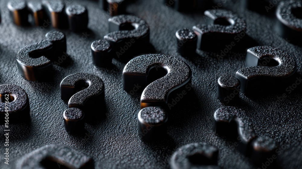 Poster intriguing arrangement of black question marks on a textured surface during a creative brainstorming