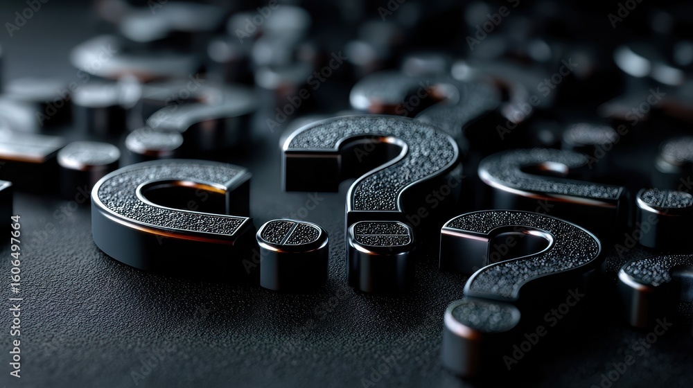 Poster exploring abstract metallic question marks against a dark background in a creative arrangement