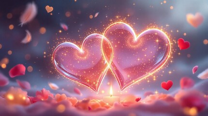 Romantic Sparkling Hearts with Candlelight and Petals – Love and Valentine Concept