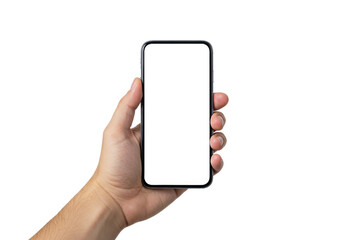 Adult gender-neutral hand holding a contemporary smartphone with a blank white screen and dynamic island, against a seamless transparent studio background with copy space, bright even shadowless