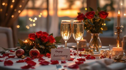 Romantic Anniversary Dinner with Champagne and Roses at Sunset