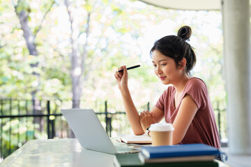 Education, writing notes and girl in college for knowledge, assignment project or learning. Book,...