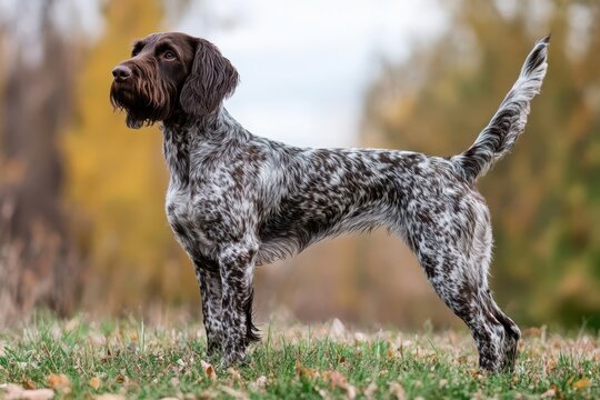 Photo of a German Wirehaired Pointer Standing on Green Grass - Hunting Dog and Outdoor Portrait.
