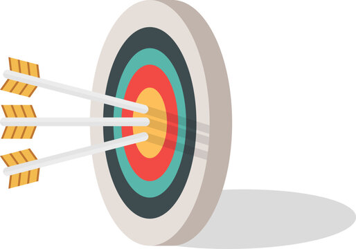 Many arrows missed hitting target mark. Shot miss. Multiple failed inaccurate attempts to hit archery target. Business challenge failure metaphor. Flat cartoon isolated vector object illustration