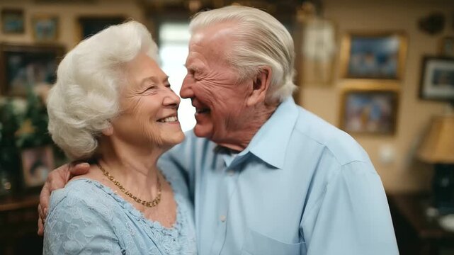Loving elderly couple dancing cheek to cheek in a home filled with framed pictures, both smiling and holding each other tightly with affection and joy senior dance, happy embrace