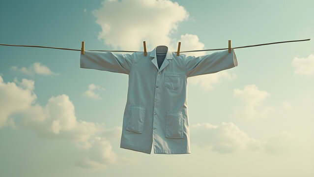 doctor's lab coat on clothesline. blowing in the wind. ultra realistic image. medical uniform outdoors.