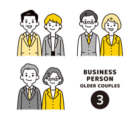 中高年のビジネスパーソンの男女ペアの、シンプルな上半身イラスト素材セット＿ベクター