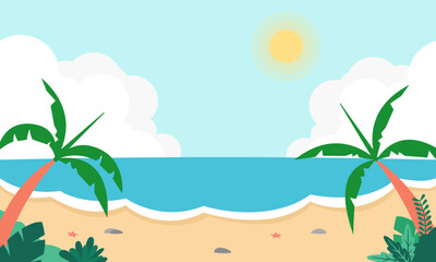 Tropical landscape of coast beautiful sea shore beach on good sunny day flat vector illustration, Creative background of landscape, panorama of sea and beach. Summer sale, post template