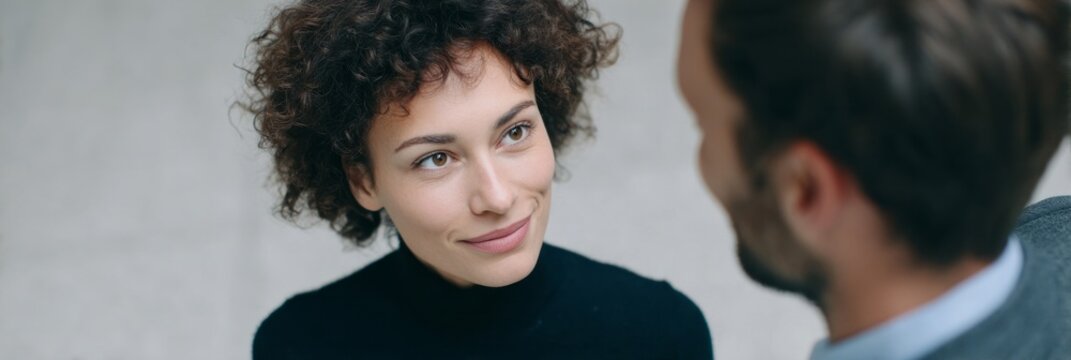 European woman sharing a knowing gaze with a man, capturing the magic of serendipitous encounters and World Friendship Day