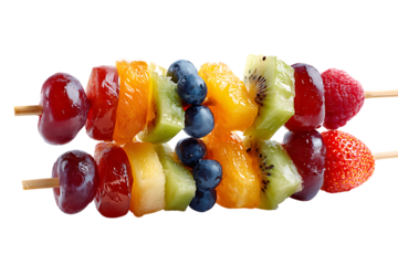 Vibrant fruit skewers featuring strawberries, blueberries, kiwi, and grapes isolated on white on transparent background