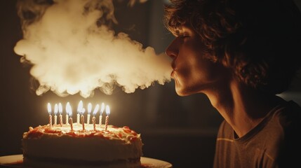 Person blowing out candles on a birthday cake in the dark.