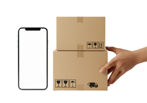 A clean, well-manicured, gender-neutral hand holds stacked light brown cardboard delivery boxes with icons, beside a sleek modern smartphone with a transparent screen, on a transparent background