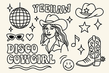 Disco Cowgirl features retro Western line art with a cowgirl, cowboy hat, disco ball, boots, and stars, with Yeehaw in back. Great for posters and shirts. Ideal for fun digital or print designs.