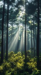 Obraz premium Sunbeams in a dense green forest.