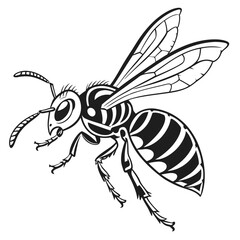 Detailed Monochrome Illustration of a Wasp with Prominent Wings and Striped Abdomen in Striking Detail