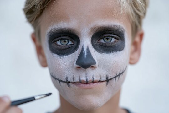 A young Caucasian boy with skeletal face paint embodies Halloween spirit and Dia de los Muertos charm, artistic allure