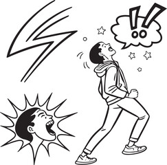 Young man shouting with speech bubble in comic style illustration – expressive talking or yelling cartoon concept