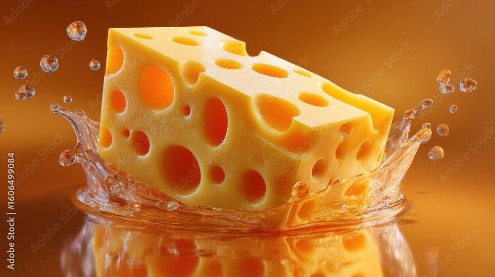 Poster cheese block splashing into liquid with golden background capturing playful food moment