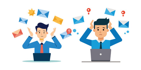 Frustrated Male Office Worker Overwhelmed by Emails – Corporate Vector Illustration Showing Burnout, Digital Stress, and Information Overload at Work