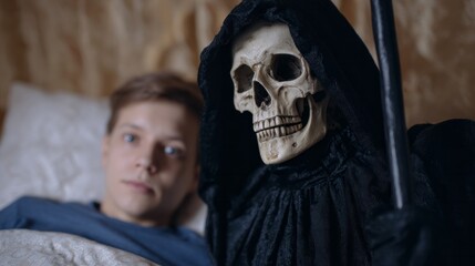 A Caucasian male peacefully confronts a hooded skeletal figure, embracing Samhain's mysterious shadows and the enigma of Dia de los Muertos