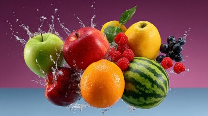 Bunch of fruit, including apples, oranges, and watermelon, are splashing water in the air