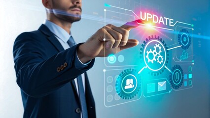 A professional tapping on a transparent, futuristic UI, initiating an update process, with glowing cyber elements.