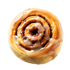 A freshly baked cinnamon roll topped with a glossy, sweet glaze.