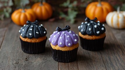 Ethereal pumpkin cupcakes don witchy lace and midnight hues, ideal for Samhain feasts and gothic tea soirees