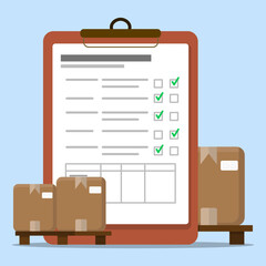 Stock Control System in Inventory Warehouse. Report Document with Packages Completing Checklist before Delivery to Customer.