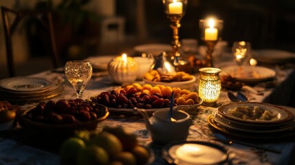 A richly lit dinner table, laden with diverse dishes and candles.