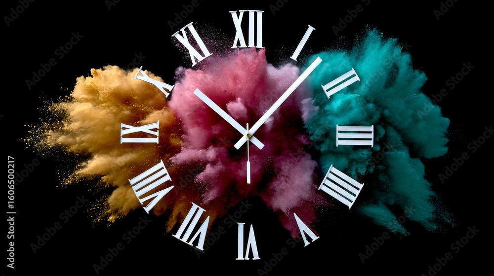 Poster clock with roman numerals on it is surrounded by a cloud of colorful powder. the clock is set at 10: