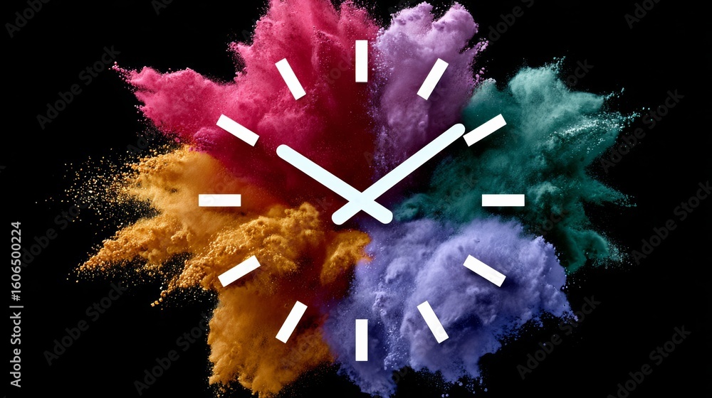 Aufkleber colorful explosion with a clock in the middle. the clock is showing the time as 10:30