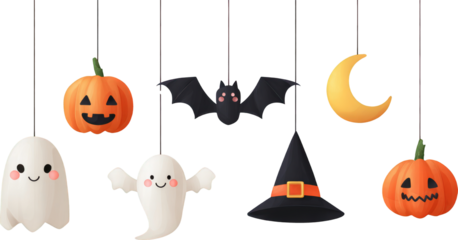 Cute hanging Halloween ornament with ghost, pumpkin, bat and moon