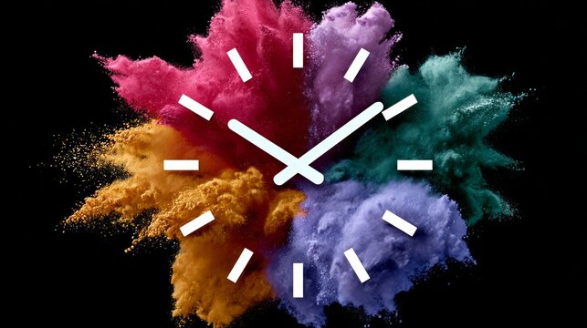 Colorful explosion with a clock in the middle. The clock is showing the time as 10:30 - Powered by Adobe