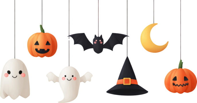 Cute hanging Halloween ornament with ghost, pumpkin, bat and moon